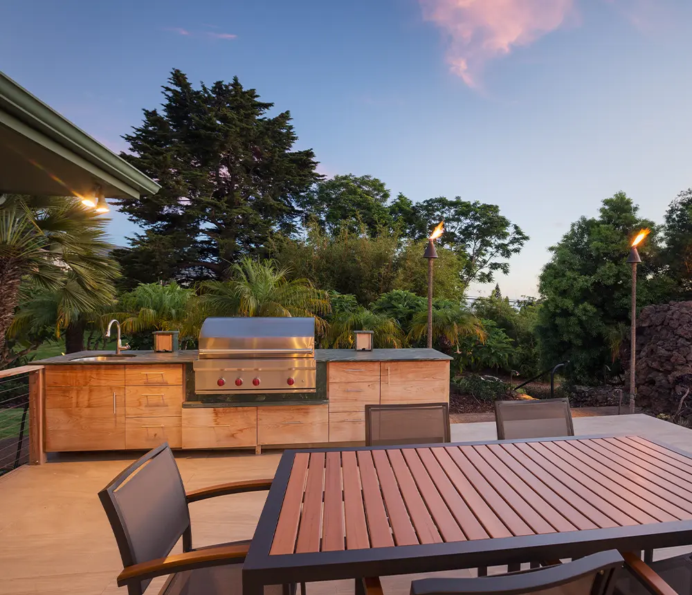 Composite decking with outdoor furniture and kitchenette