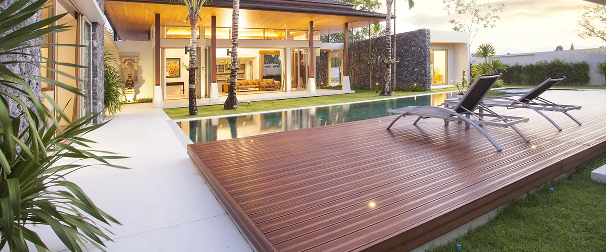 Composite decking around a pool outdoors